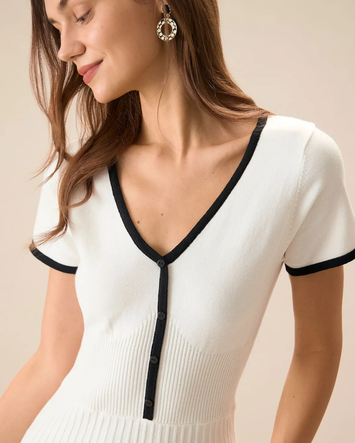 Women's White Contrasting Sweater Midi Dress