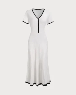Women's White Contrasting Sweater Midi Dress