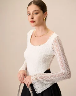Women's White Lace See-Through Cropped Tee