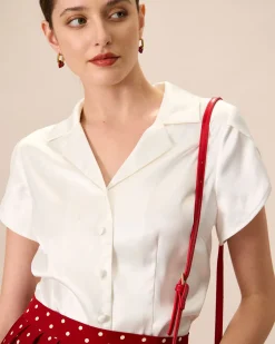 Women's White Lapel Satin Blouse