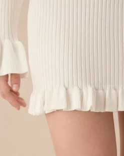 Women's White Ruffle Straight Knit Mini Skirt