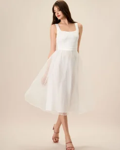 Women's White See-Through Splicing Midi Dress