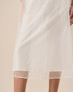 Women's White See-Through Splicing Midi Dress