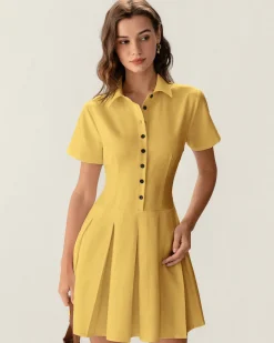 Yellow Button Pleated Mini Dress