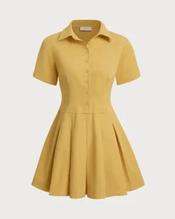Yellow Button Pleated Mini Dress