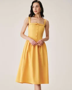 Yellow Button Pleated Slip Midi Dress