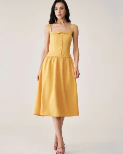 Yellow Button Pleated Slip Midi Dress