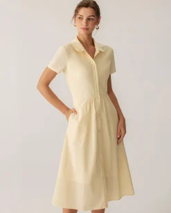 Yellow Button Short Sleeve Midi Dress