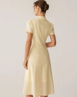 Yellow Button Short Sleeve Midi Dress