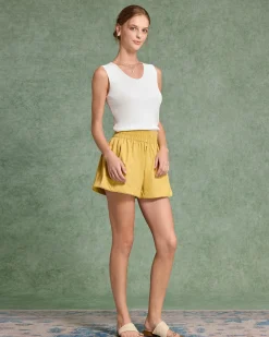 Yellow Elastic Waist Pocket Shorts