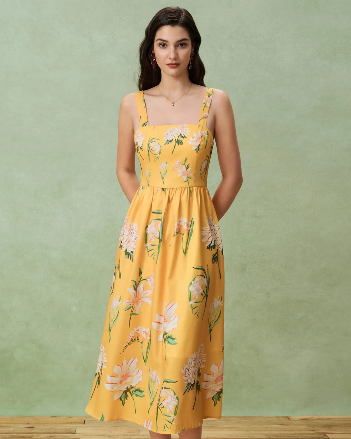 Yellow Floral A-Line Slip Midi Dress