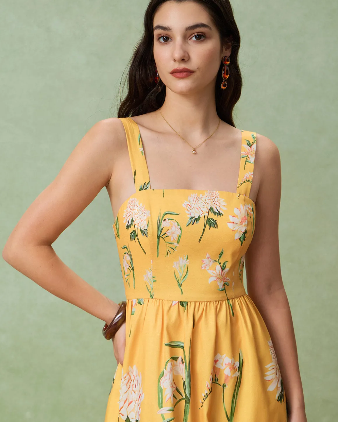 Yellow Floral A-Line Slip Midi Dress