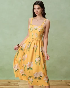 Yellow Floral A-Line Slip Midi Dress