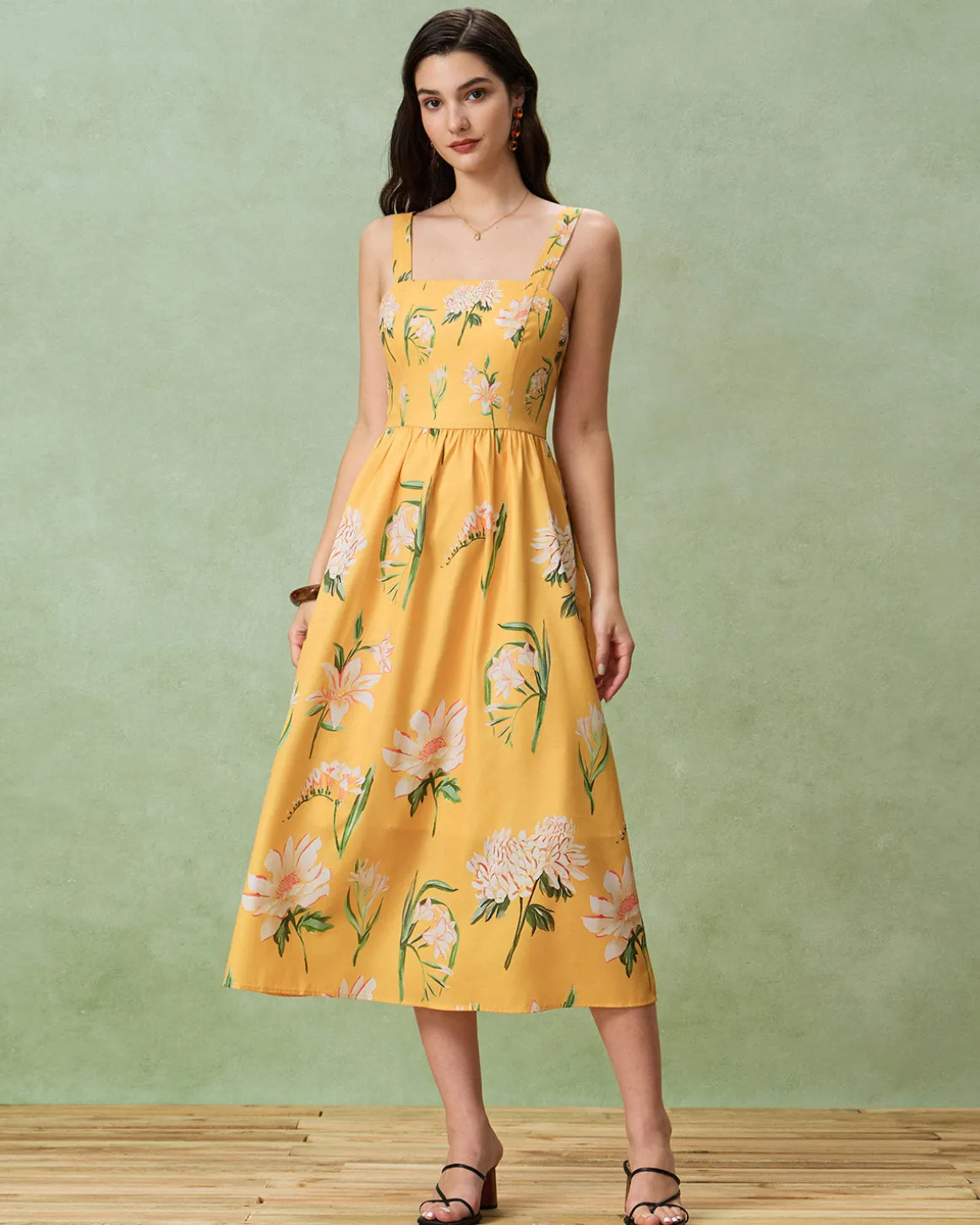Yellow Floral A-Line Slip Midi Dress
