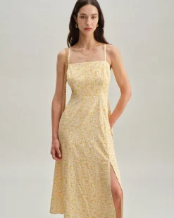 Yellow Floral Backless Slip Midi Dress
