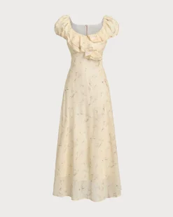 Yellow Floral Cap Sleeve Ruffle Midi Dress