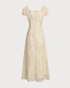Yellow Floral Cap Sleeve Ruffle Midi Dress