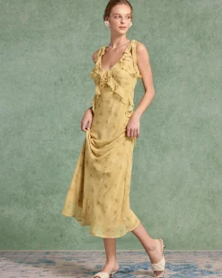 Yellow Floral Chiffon Tie Strap Maxi Dress