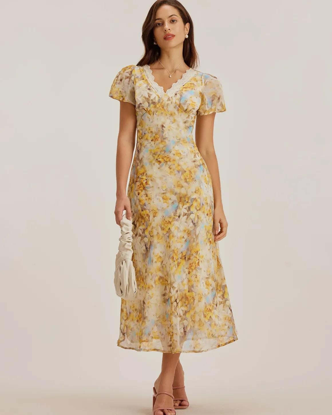Yellow Floral Chiffon V Neck Maxi Dress