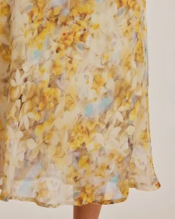 Yellow Floral Chiffon V Neck Maxi Dress