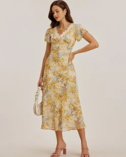 Yellow Floral Chiffon V Neck Maxi Dress
