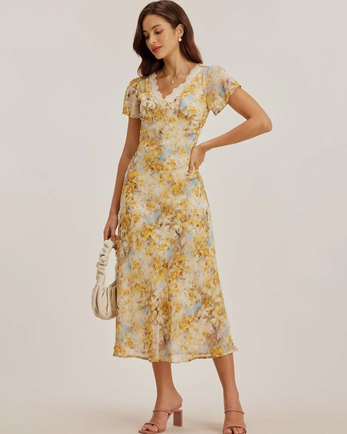Yellow Floral Chiffon V Neck Maxi Dress