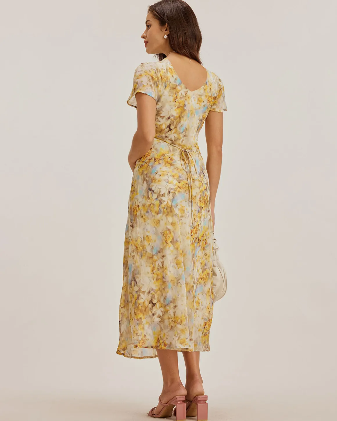 Yellow Floral Chiffon V Neck Maxi Dress