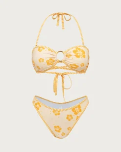 Yellow Floral Contrast Hoop Bikini Set