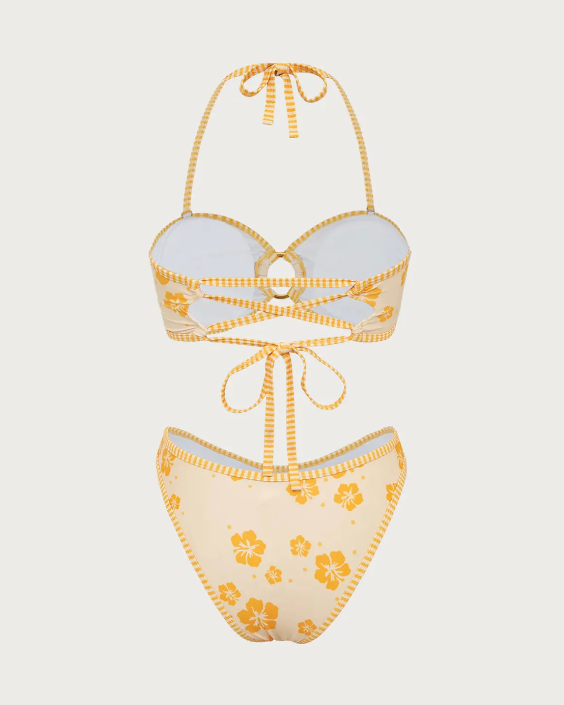 Yellow Floral Contrast Hoop Bikini Set