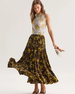 Yellow Floral Elastic Waist Midi Skirt