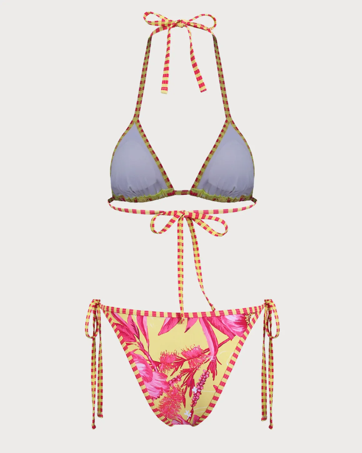 Yellow Floral Halter Drawstring Triangle Bikini Set