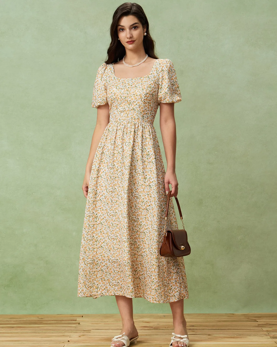 Yellow Floral Puffed Sleeve Midi Dress
