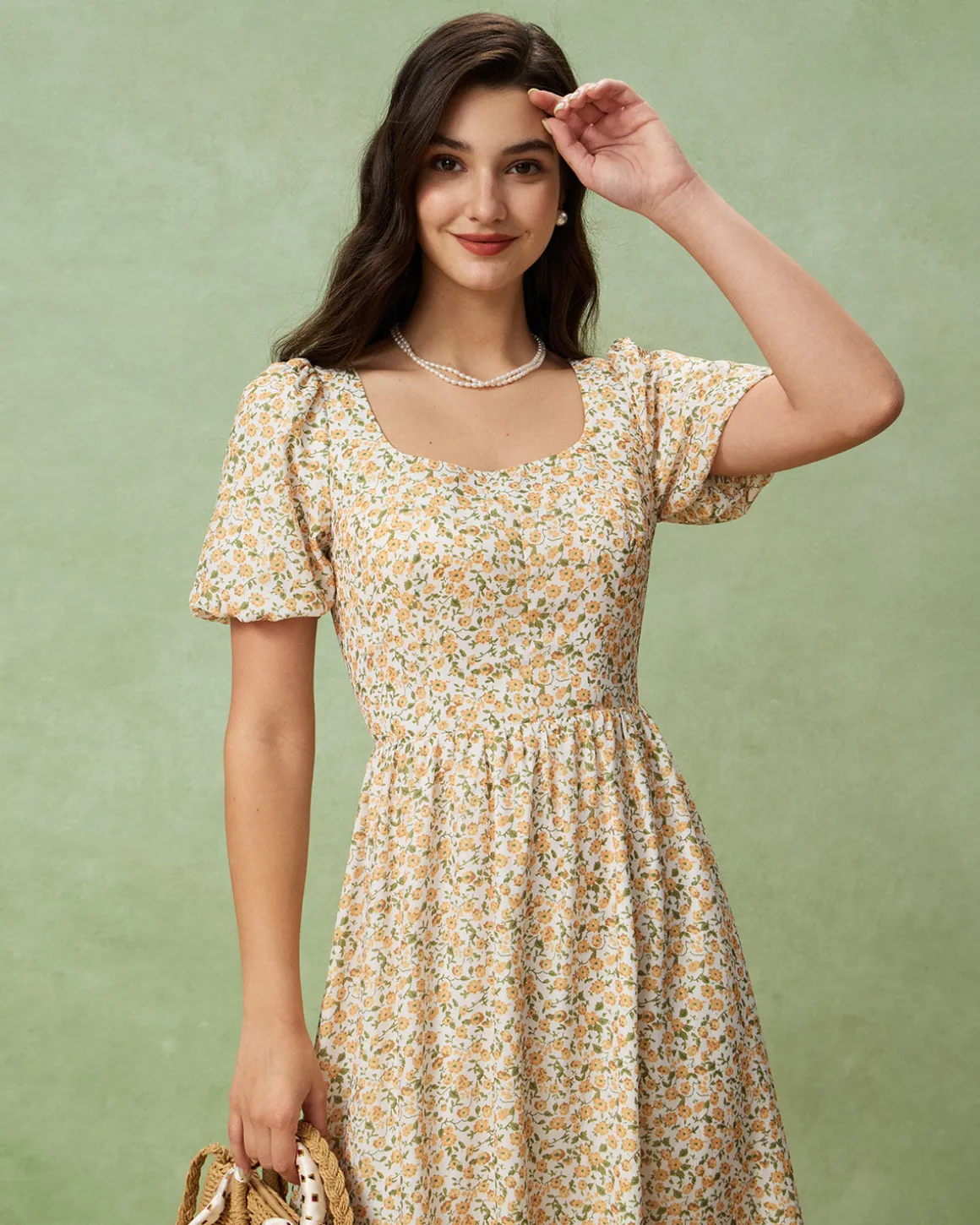 Yellow Floral Puffed Sleeve Midi Dress