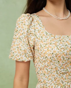 Yellow Floral Puffed Sleeve Midi Dress