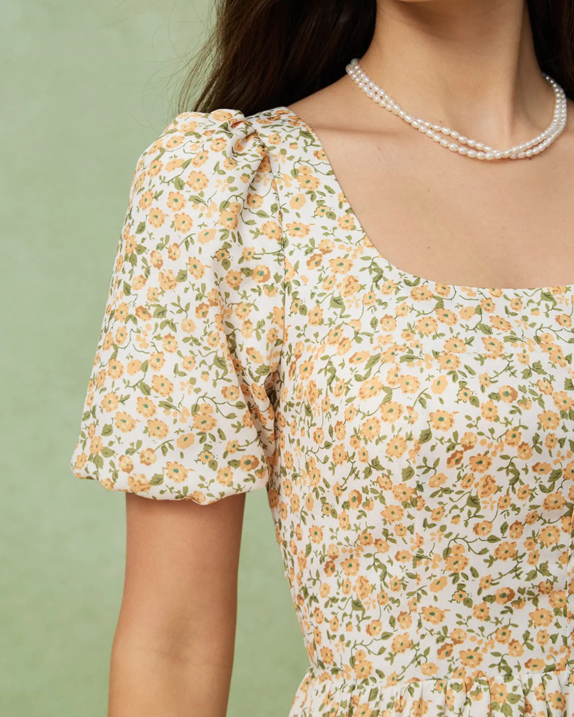 Yellow Floral Puffed Sleeve Midi Dress