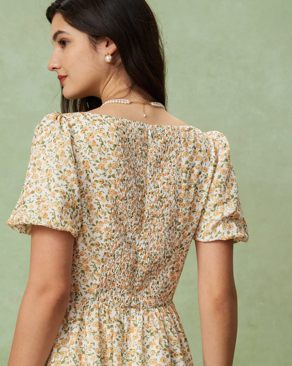 Yellow Floral Puffed Sleeve Midi Dress
