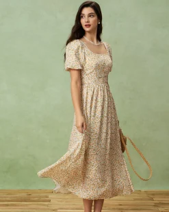 Yellow Floral Puffed Sleeve Midi Dress
