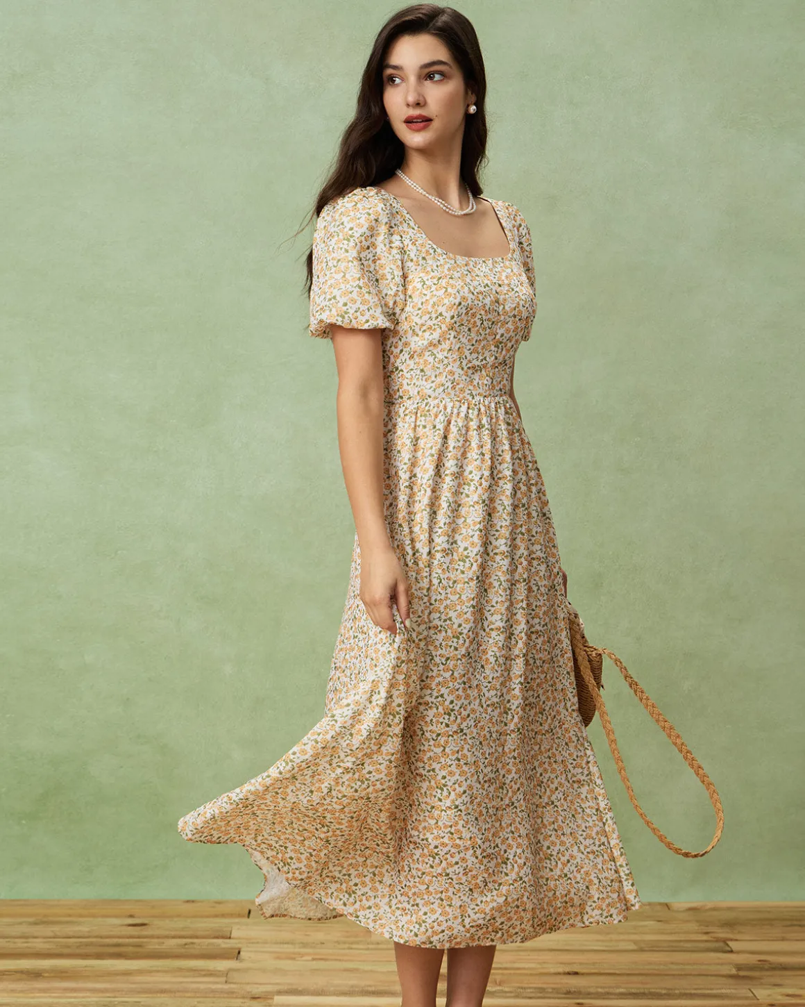 Yellow Floral Puffed Sleeve Midi Dress