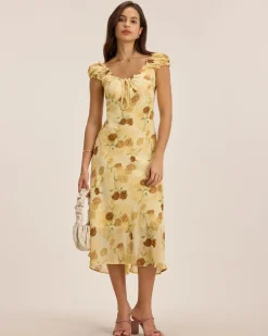 Yellow Floral Ruched Sleeveless Midi Dress