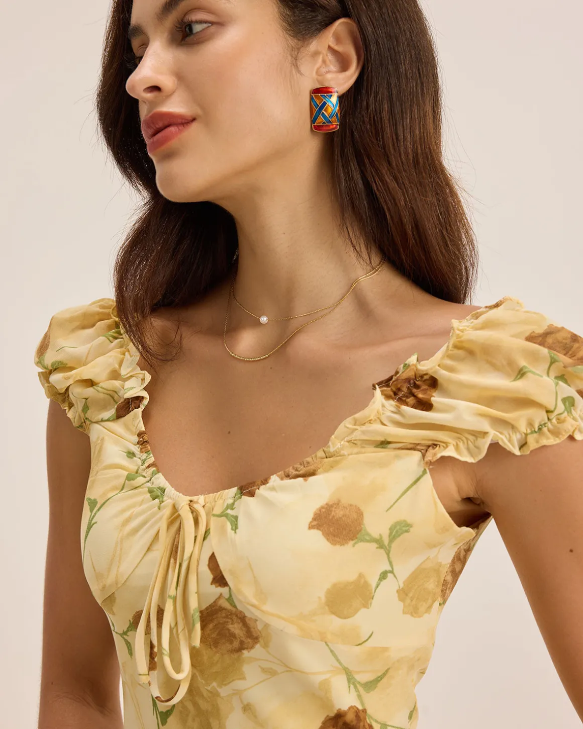 Yellow Floral Ruched Sleeveless Midi Dress
