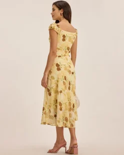 Yellow Floral Ruched Sleeveless Midi Dress