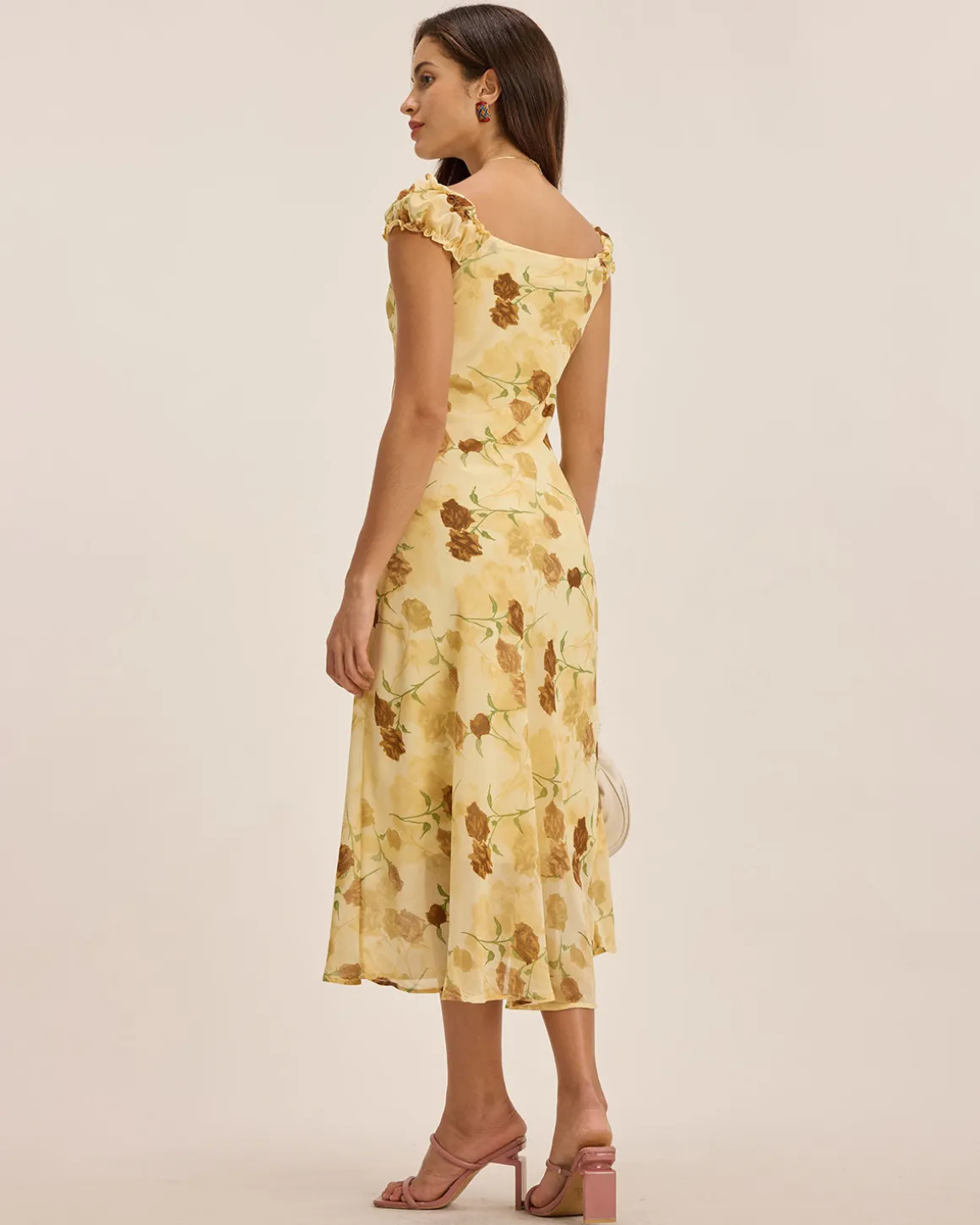 Yellow Floral Ruched Sleeveless Midi Dress