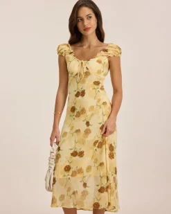 Yellow Floral Ruched Sleeveless Midi Dress