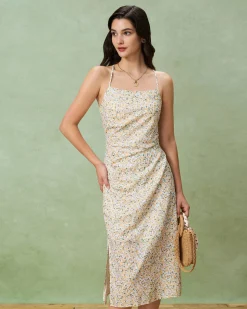 Yellow Floral Ruched Slip Midi Dress