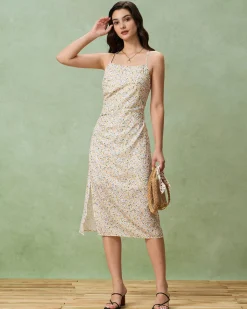 Yellow Floral Ruched Slip Midi Dress