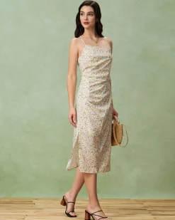 Yellow Floral Ruched Slip Midi Dress