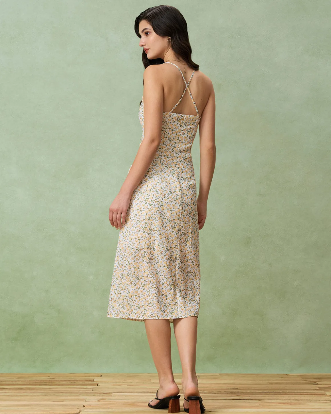 Yellow Floral Ruched Slip Midi Dress