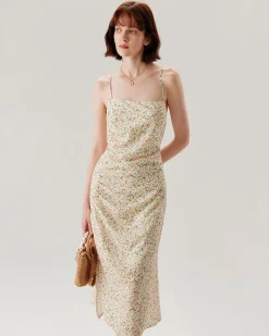 Yellow Floral Ruched Slip Midi Dress