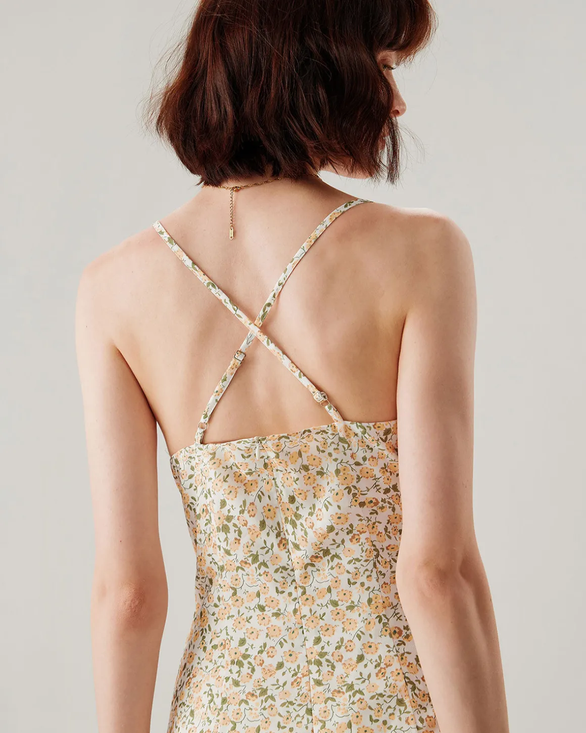 Yellow Floral Ruched Slip Midi Dress