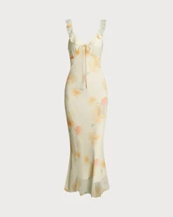Yellow Floral Ruffle Mermaid Maxi Dress